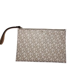 DKNY Bryant Park Logo Wristlet Pouch Cosmetic Bag Beige & Brown Faux Leather